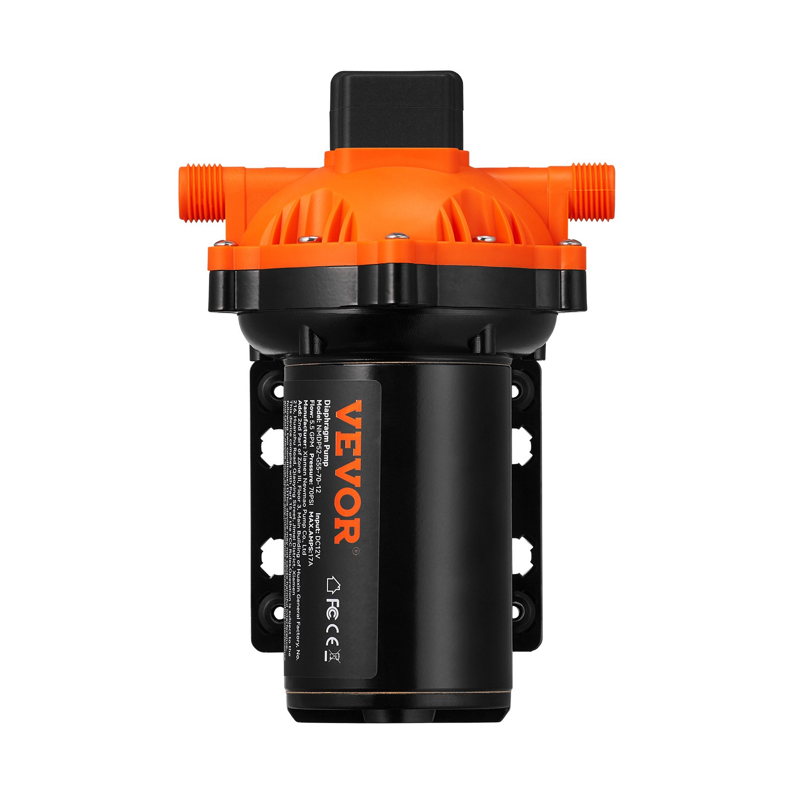 Bomba de diafragma de presión de agua VEVOR 12v con carcasa naranja y cuerpo negro, vista frontal.