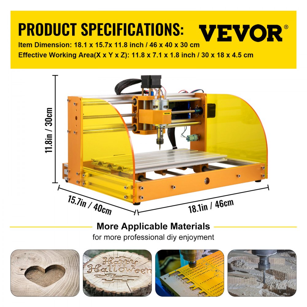 Máquina enrutadora CNC VEVOR: dimensiones 18,1 x 15,7 x 11,8 pulgadas, marco de color amarillo anaranjado.