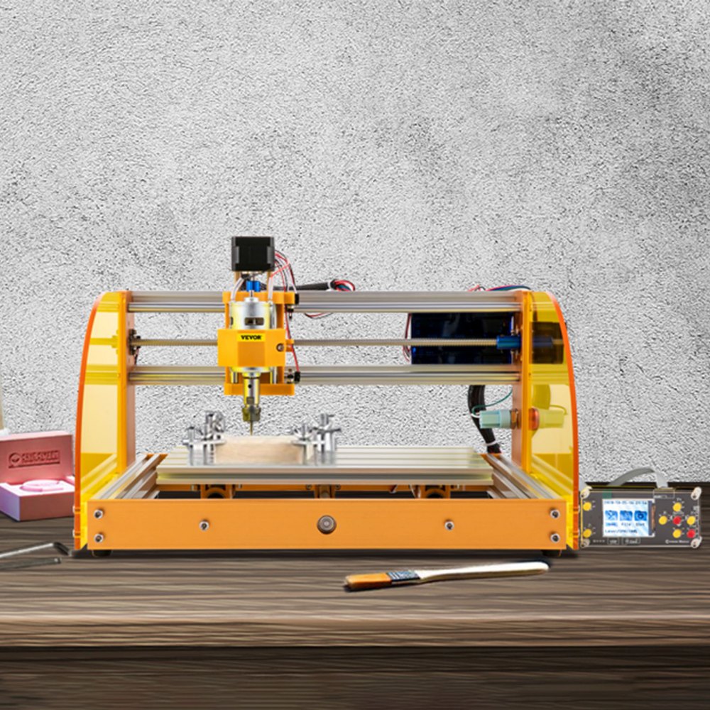 Máquina enrutadora CNC VEVOR sobre una superficie de madera con panel de control y herramientas cerca.