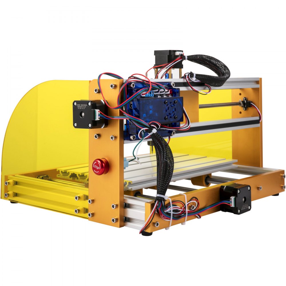 Máquina enrutadora CNC VEVOR de color amarillo brillante con cableado expuesto y motor de control.