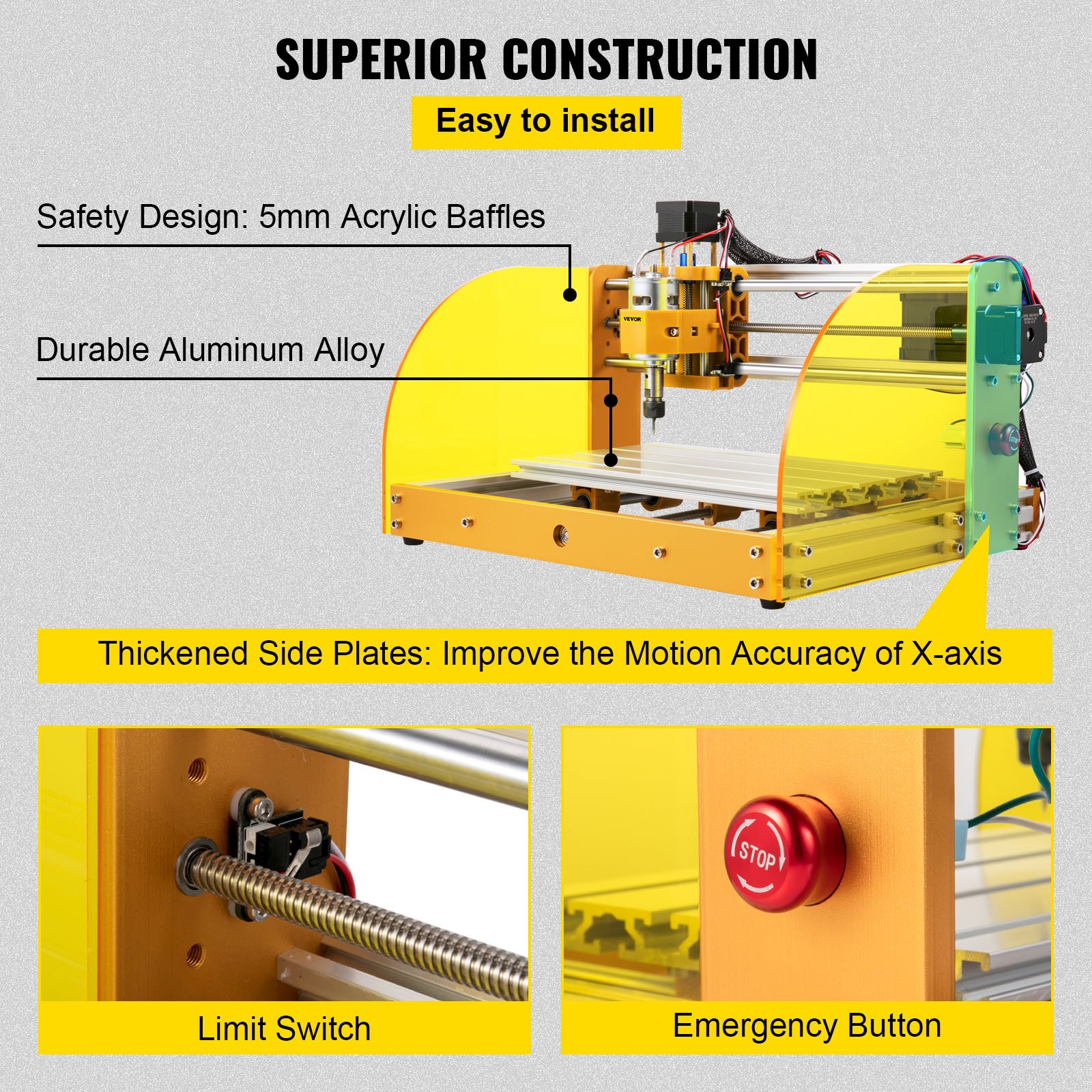 Máquina enrutadora CNC VEVOR con deflectores de acrílico de seguridad, aleación de aluminio, interruptor de límite y botón de emergencia.