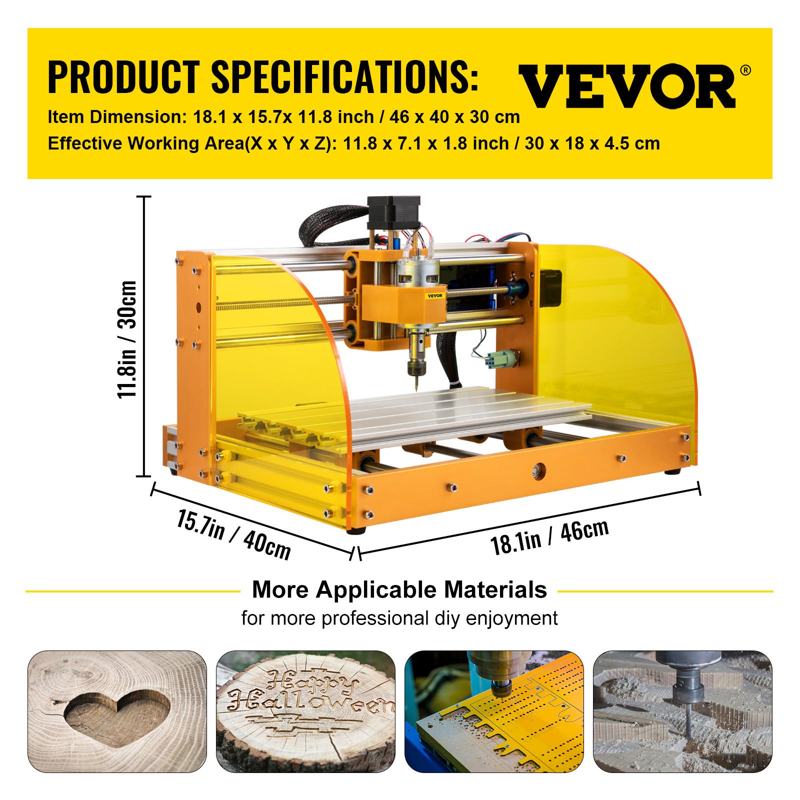 Máquina enrutadora CNC VEVOR: dimensiones 18,1 x 15,7 x 11,8 pulgadas, marco de color amarillo anaranjado.