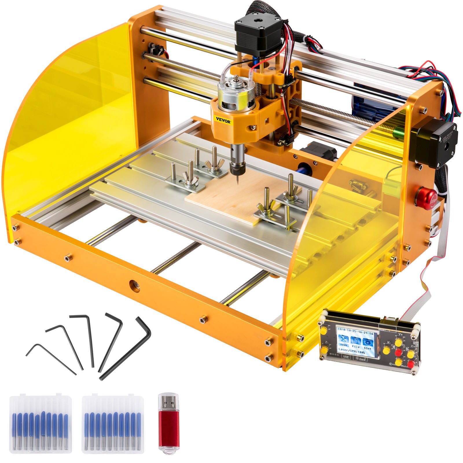 Máquina enrutadora CNC VEVOR con marco amarillo, accesorios y panel de control.