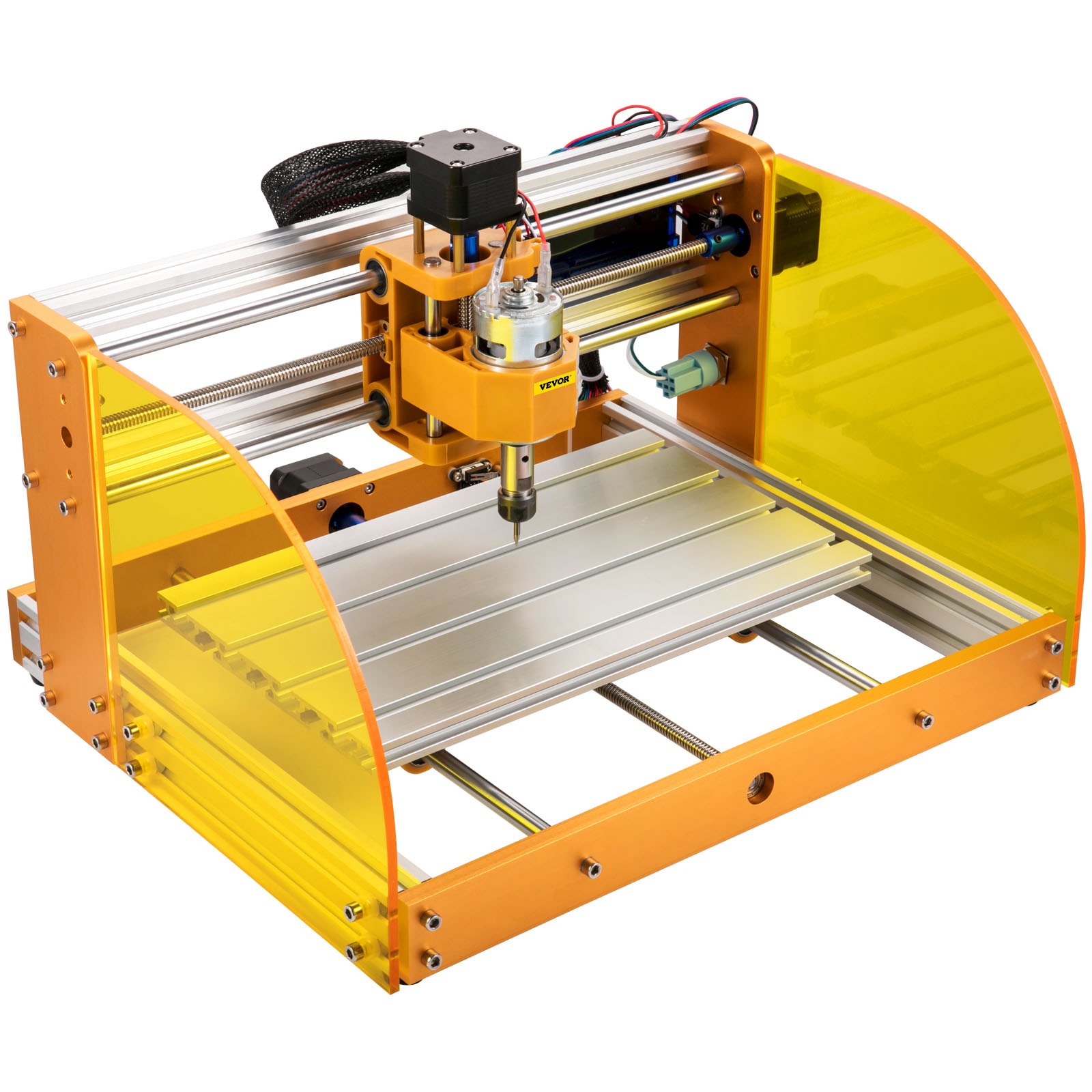 Máquina enrutadora CNC VEVOR amarilla y naranja con superficie de corte metálica.