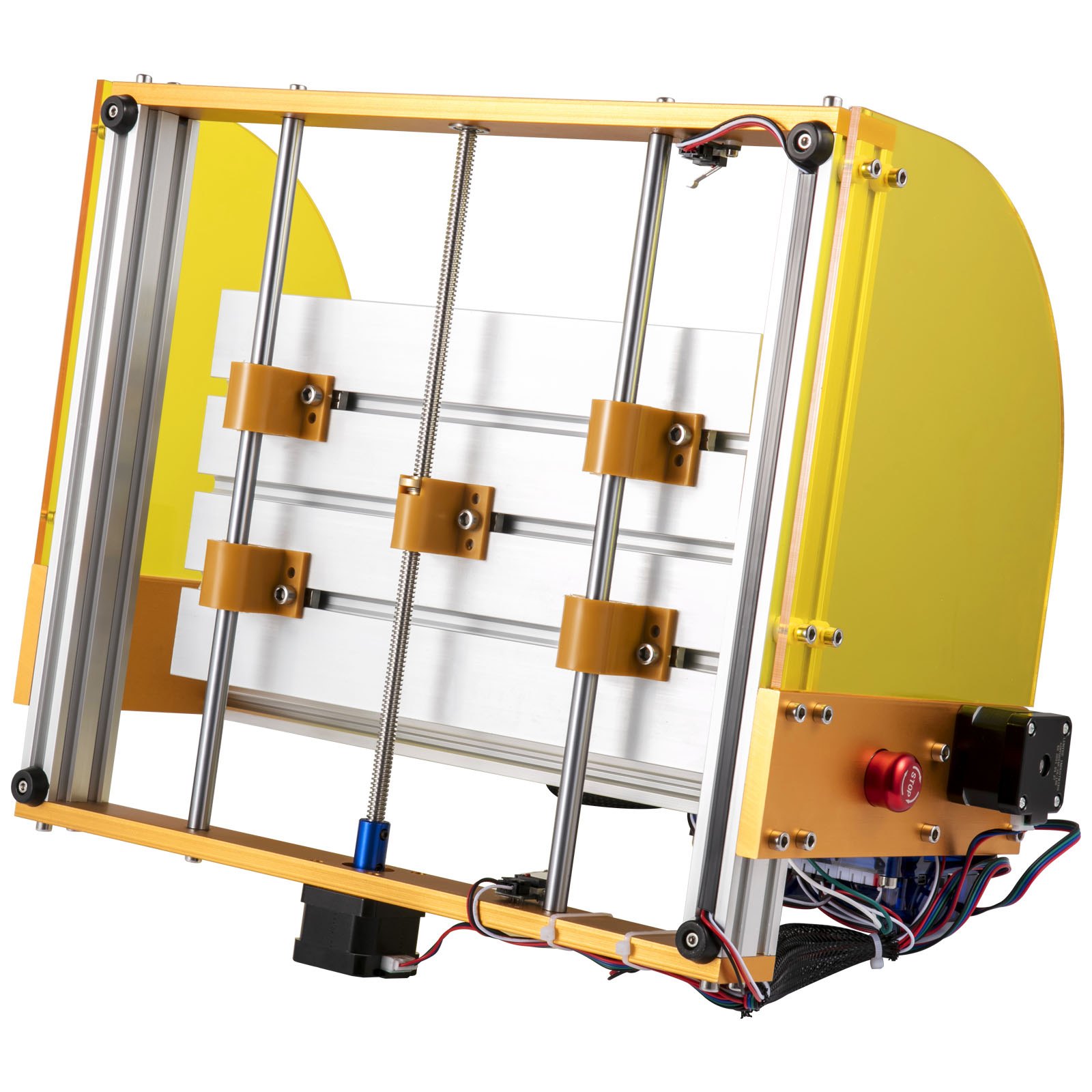 Marco de máquina enrutadora CNC VEVOR amarillo y plateado con cableado y componentes de motor.