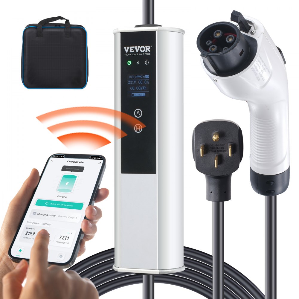 Cargador portátil para vehículos eléctricos VEVOR de nivel 2, 40 A, 240 V, con cable de carga de 7,6 m, enchufe NEMA 14-50P, estación de carga doméstica enchufable con corriente ajustable de 40 A, 32 A, 24 A y 16 A para vehículos eléctricos SAE J1772.