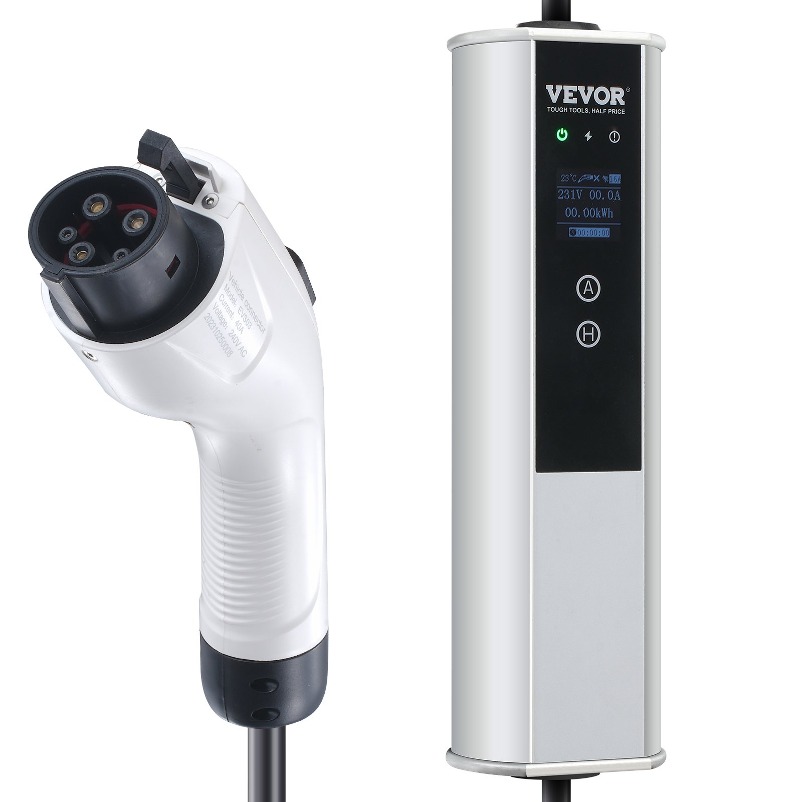 Cargador portátil para vehículos eléctricos VEVOR de nivel 2, 40 A, 240 V, con cable de carga de 7,6 m, enchufe NEMA 14-50P, estación de carga doméstica enchufable con corriente ajustable de 40 A, 32 A, 24 A y 16 A para vehículos eléctricos SAE J1772.