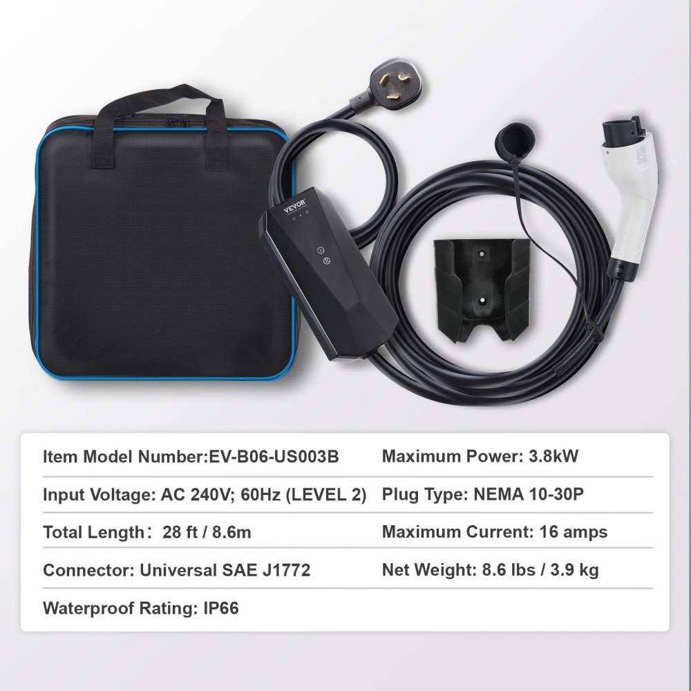 VEVOR Cargador portátil EV nivel 2, 16 Amp 240 V, cargador de vehículo eléctrico con cable de carga de 28 pies NEMA 10-30P enchufe, 8/10/13/16 A estación de carga EV doméstica enchufable de corriente ajustable para SAE J1772 EV