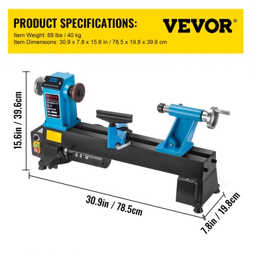 VEVOR Torno de Madera 12"x 18" Velocidad Variable 500-3800RPM y Pies de Goma