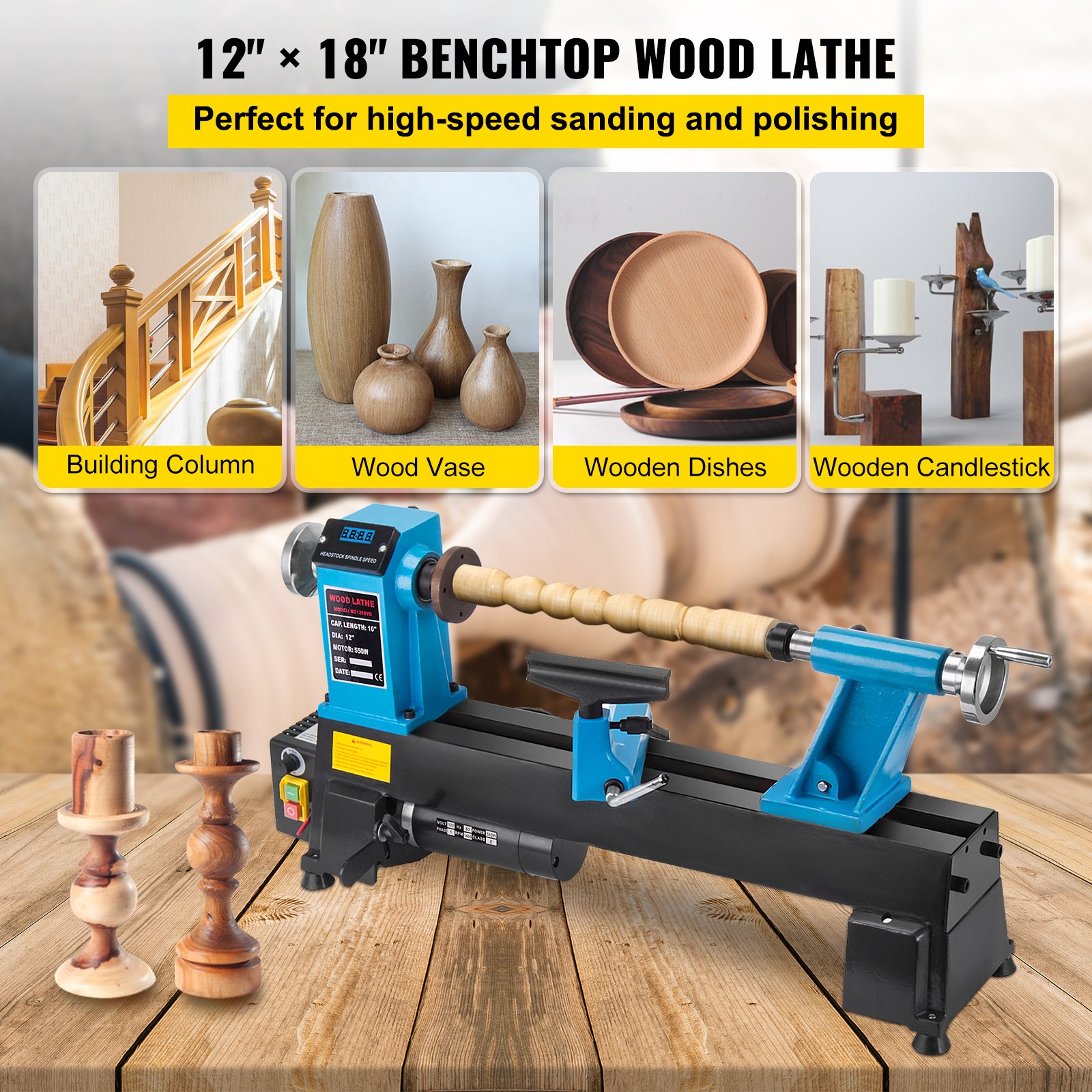 VEVOR Torno de Madera 12"x 18" Velocidad Variable 500-3800RPM y Pies de Goma