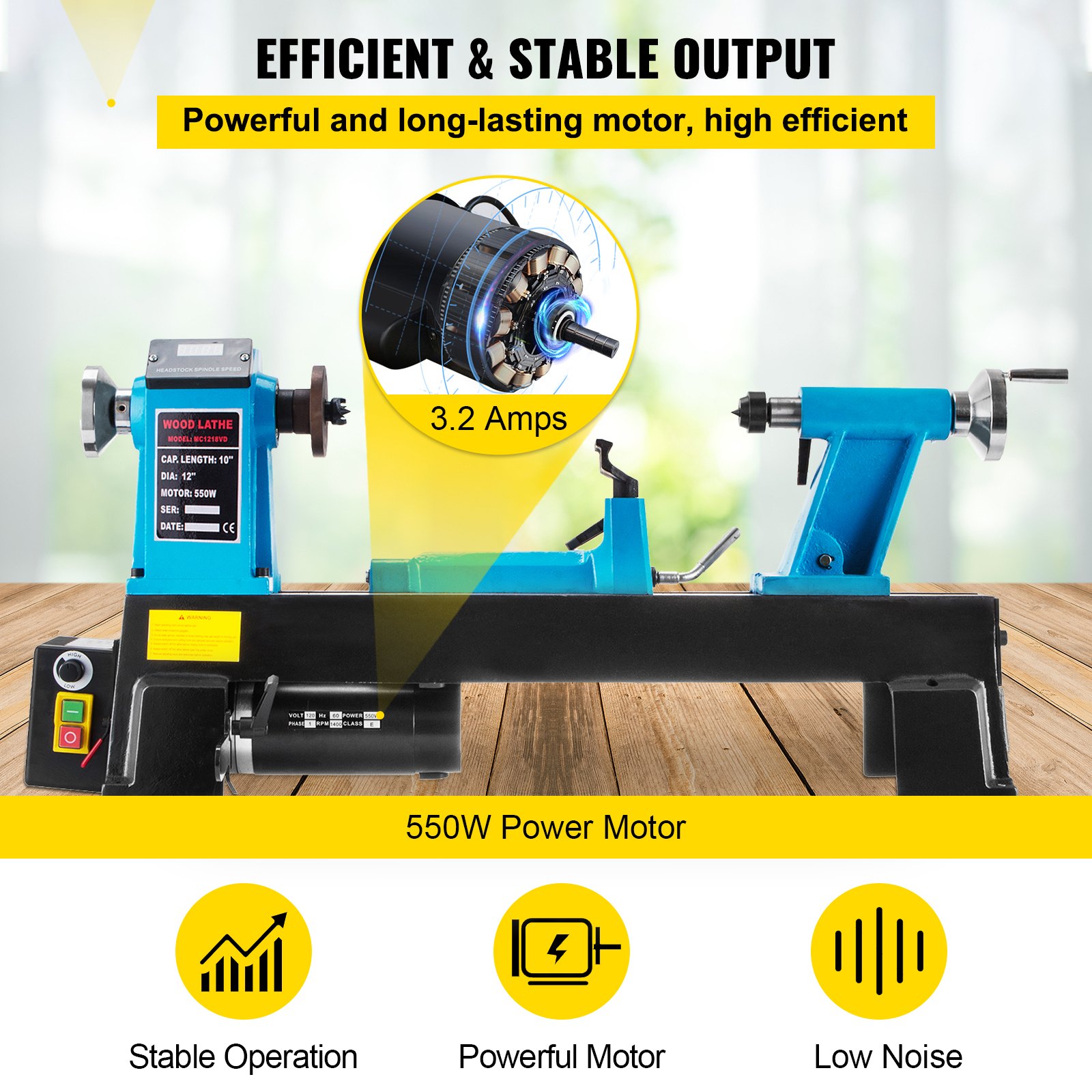 VEVOR Torno de Madera 12"x 18" Velocidad Variable 500-3800RPM y Pies de Goma