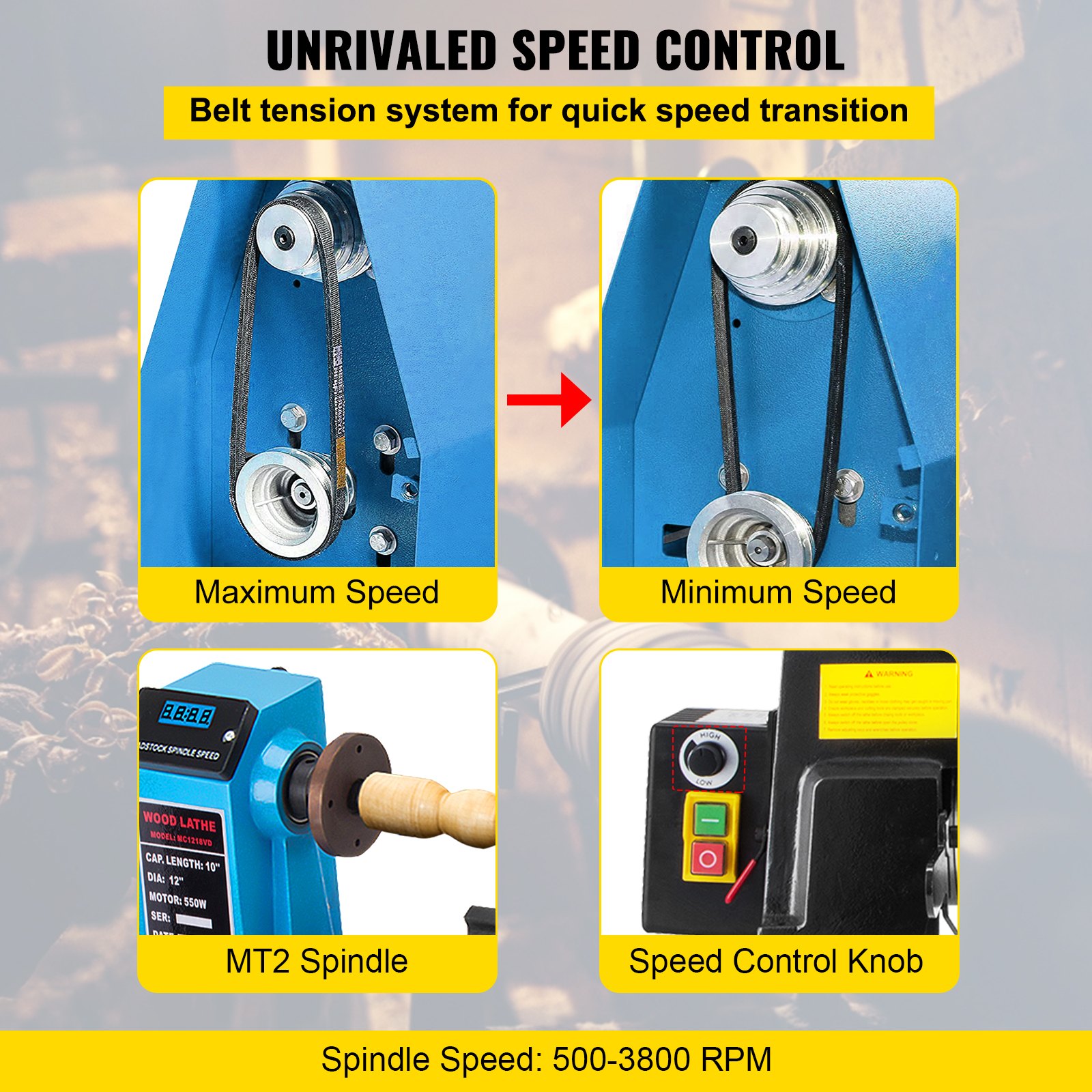 VEVOR Torno de Madera 12"x 18" Velocidad Variable 500-3800RPM y Pies de Goma