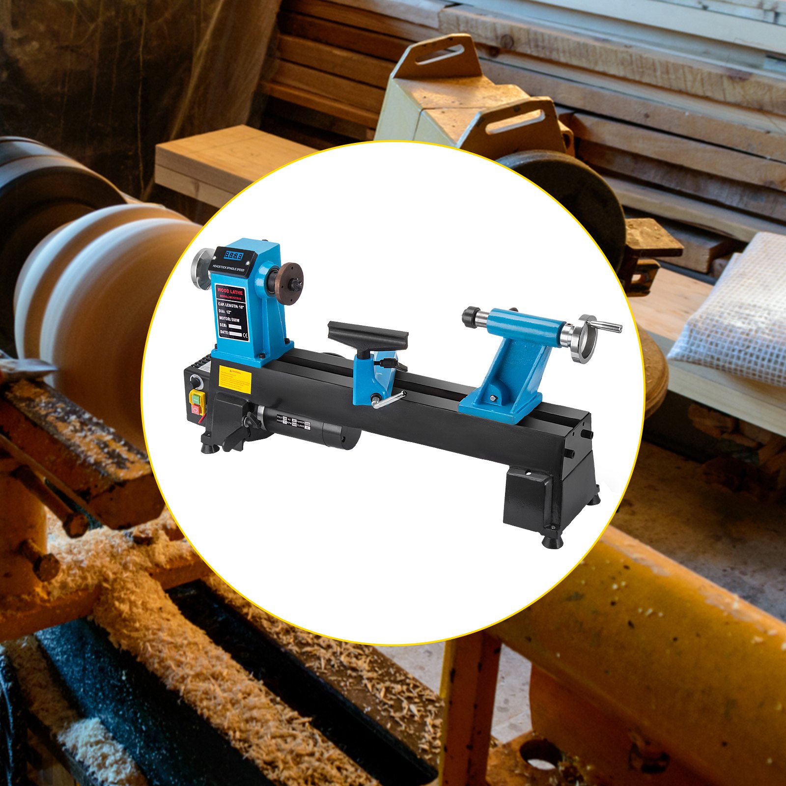 VEVOR Torno de Madera 12"x 18" Velocidad Variable 500-3800RPM y Pies de Goma