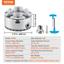 VEVOR KP96 Portabrocas de torno, 4 mordazas de 3,75 pulgadas de diámetro, accesorios para máquinas de torneado de portabrocas de torno de metal, herramienta autocentrante, para torno, mecanizado de precisión, rectificadoras, fresadoras