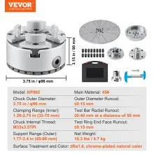 VEVOR KP965 Portabrocas de torno, 4 mandíbulas de 3,75 pulgadas de diámetro, accesorios para máquina de torneado de portabrocas de torno de metal con 5 juegos de mandíbulas, herramienta autocentrante, para mecanizado de precisión, rectificadoras, fresadoras