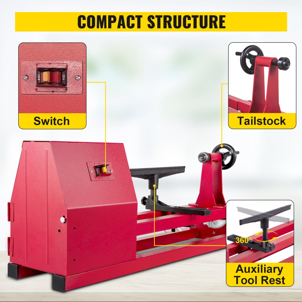 Torno de madera de banco VEVOR de 14 x 20 pulgadas, torno de madera eléctrico de 4 velocidades 1100/1600/2300/3400 RPM, mini torno pequeño de 120 V, torno de torneado de madera con tres cinceles y llaves, torno de mesa para trabajar la madera