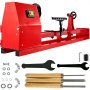 Torno de madera VEVOR en color rojo con varias herramientas y accesorios expuestos.