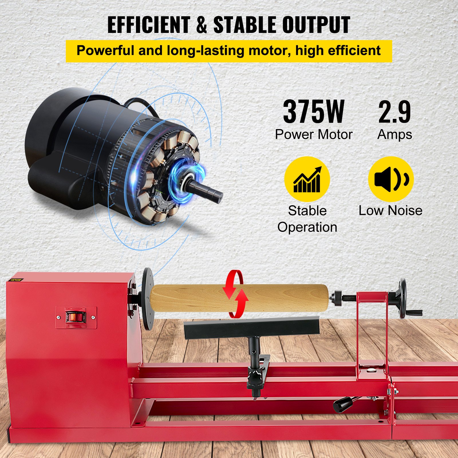 Torno de madera VEVOR con motor de 375w, bajo nivel de ruido y funcionamiento estable en suelo de madera.