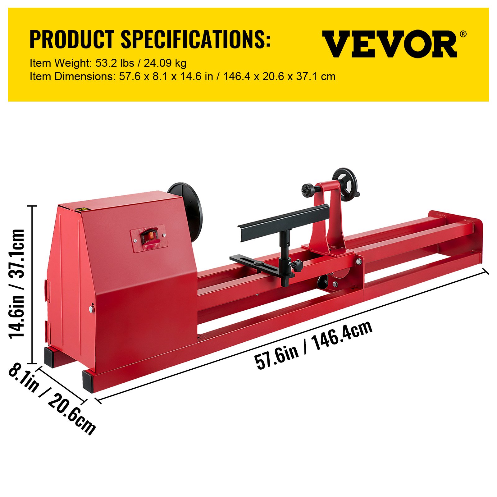 Torno para madera VEVOR, rojo, 53,2 libras, dimensiones: 57,6 x 8,1 x 14,6 pulgadas.