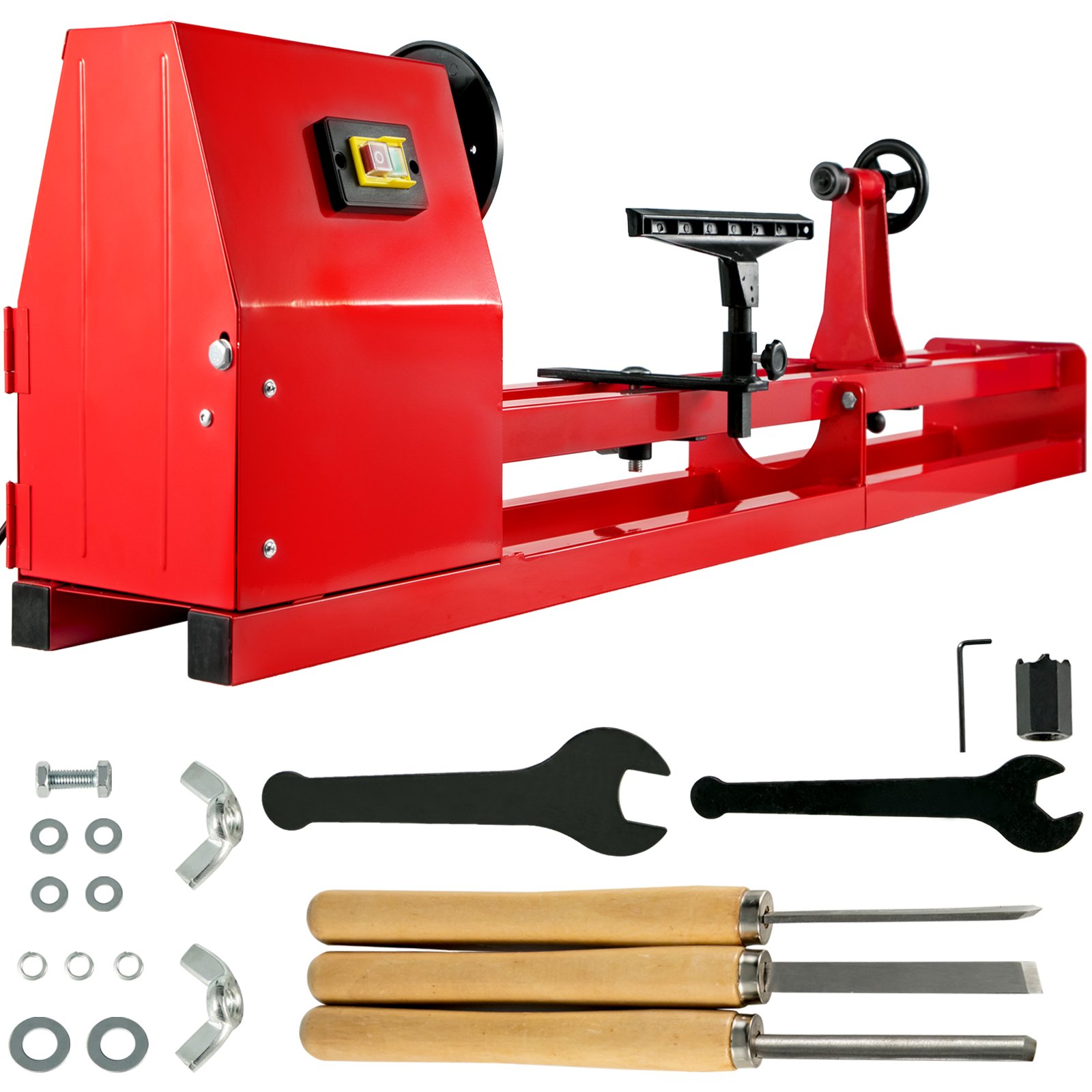 Torno de madera VEVOR en color rojo con varias herramientas y accesorios expuestos.