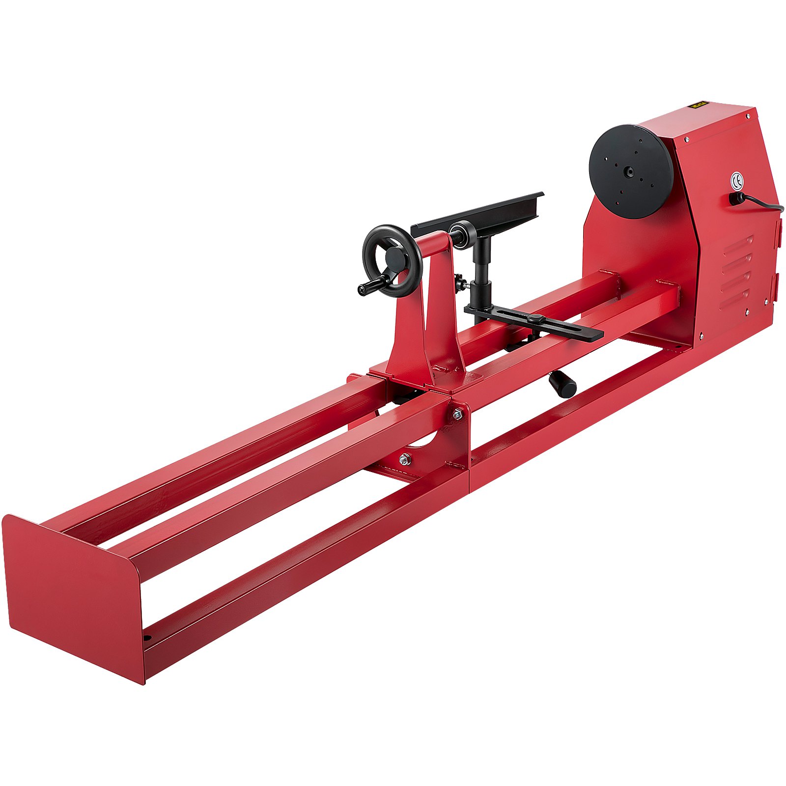 Torno de madera VEVOR rojo con componentes ajustables y base robusta.