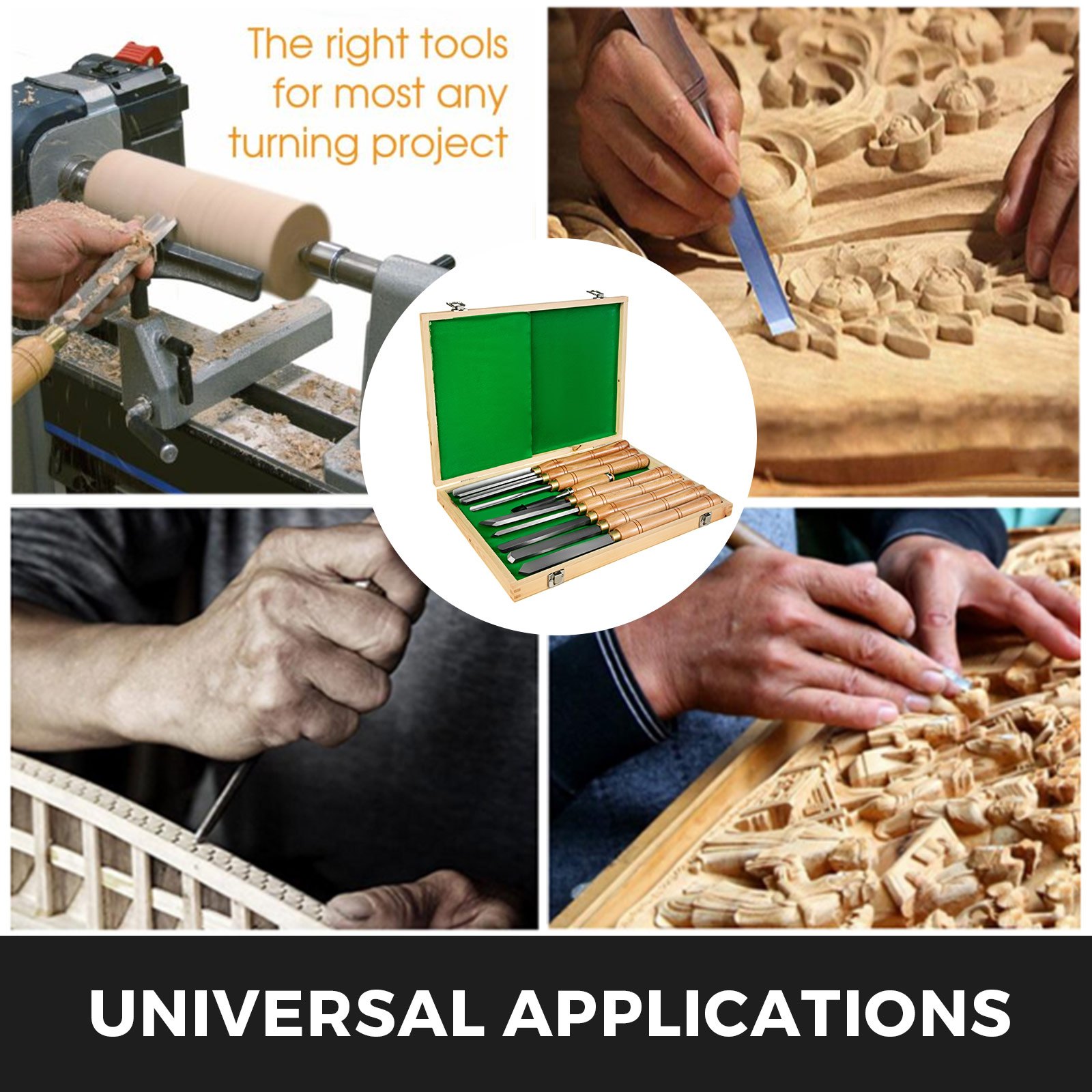 Juego de cinceles para torno de carpintería VEVOR utilizado en proyectos detallados de tallado de madera.