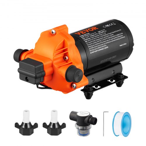 Bomba de diafragma de agua VEVOR, 110 V CA, flujo de 3,3 GPM, presión nominal de 45 PSI (40-80 PSI ajustable), bomba de pulverizador autocebante de 1/2" MNPT con interruptor de presión para RV Camper Marine Boat Lawn, certificado FCC
