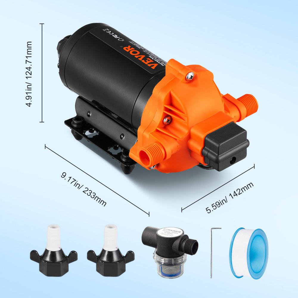 Bomba de diafragma de agua VEVOR, 110 V CA, flujo de 3,3 GPM, presión nominal de 45 PSI (40-80 PSI ajustable), bomba de pulverizador autocebante de 1/2" MNPT con interruptor de presión para RV Camper Marine Boat Lawn, certificado FCC