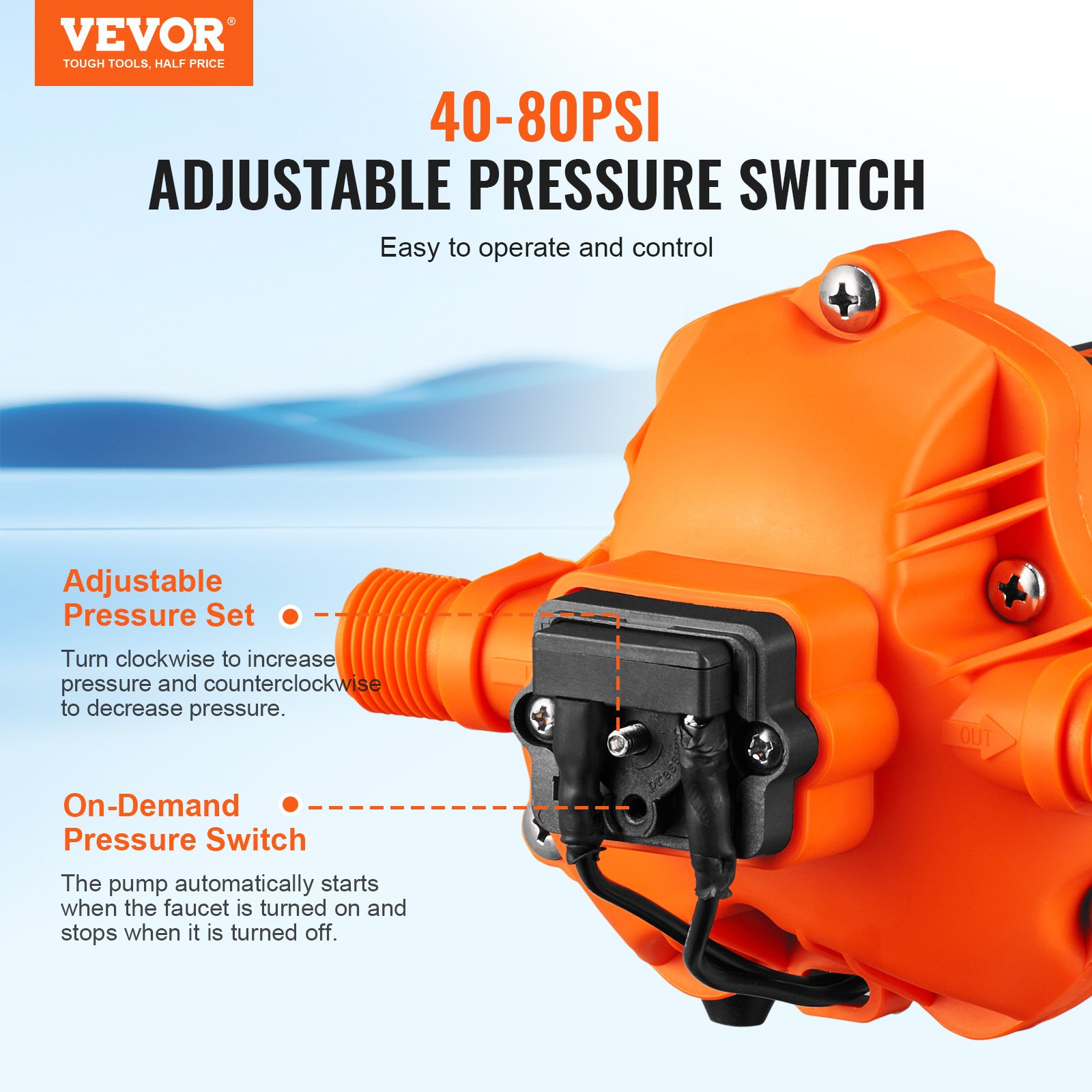 Bomba de diafragma de agua VEVOR, 110 V CA, flujo de 3,3 GPM, presión nominal de 45 PSI (40-80 PSI ajustable), bomba de pulverizador autocebante de 1/2" MNPT con interruptor de presión para RV Camper Marine Boat Lawn, certificado FCC