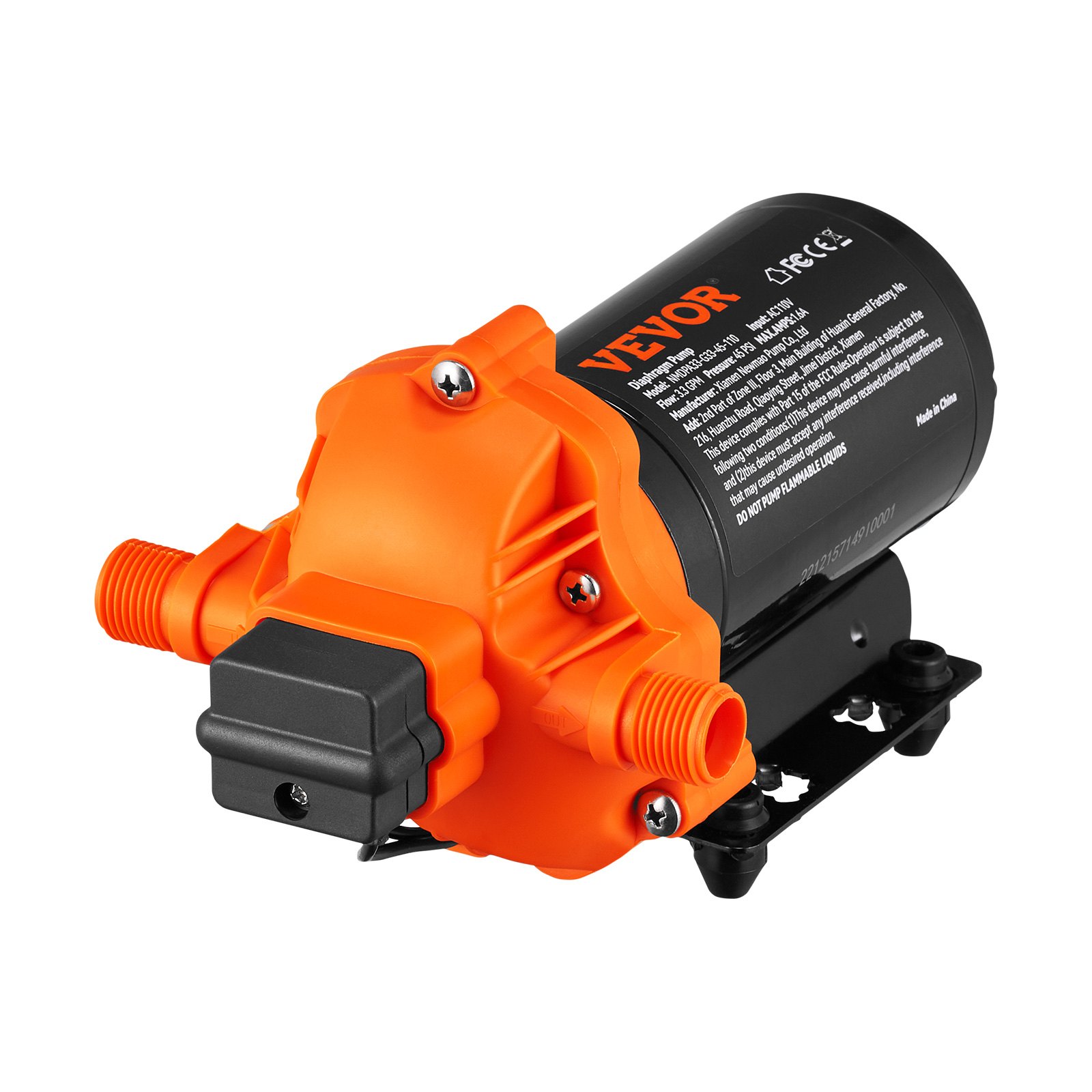 Bomba de diafragma de agua VEVOR, 110 V CA, flujo de 3,3 GPM, presión nominal de 45 PSI (40-80 PSI ajustable), bomba de pulverizador autocebante de 1/2" MNPT con interruptor de presión para RV Camper Marine Boat Lawn, certificado FCC