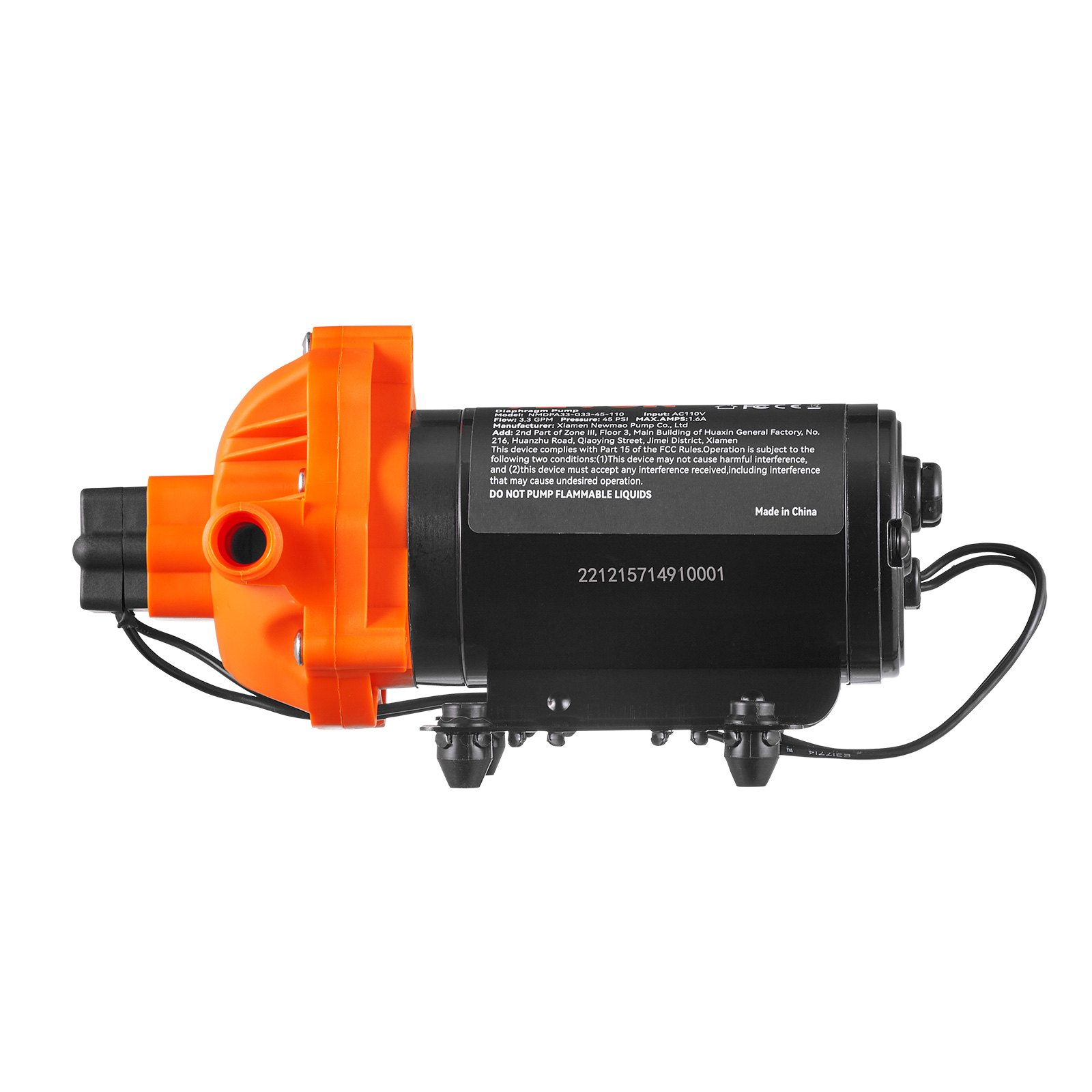 Bomba de diafragma de agua VEVOR, 110 V CA, flujo de 3,3 GPM, presión nominal de 45 PSI (40-80 PSI ajustable), bomba de pulverizador autocebante de 1/2" MNPT con interruptor de presión para RV Camper Marine Boat Lawn, certificado FCC