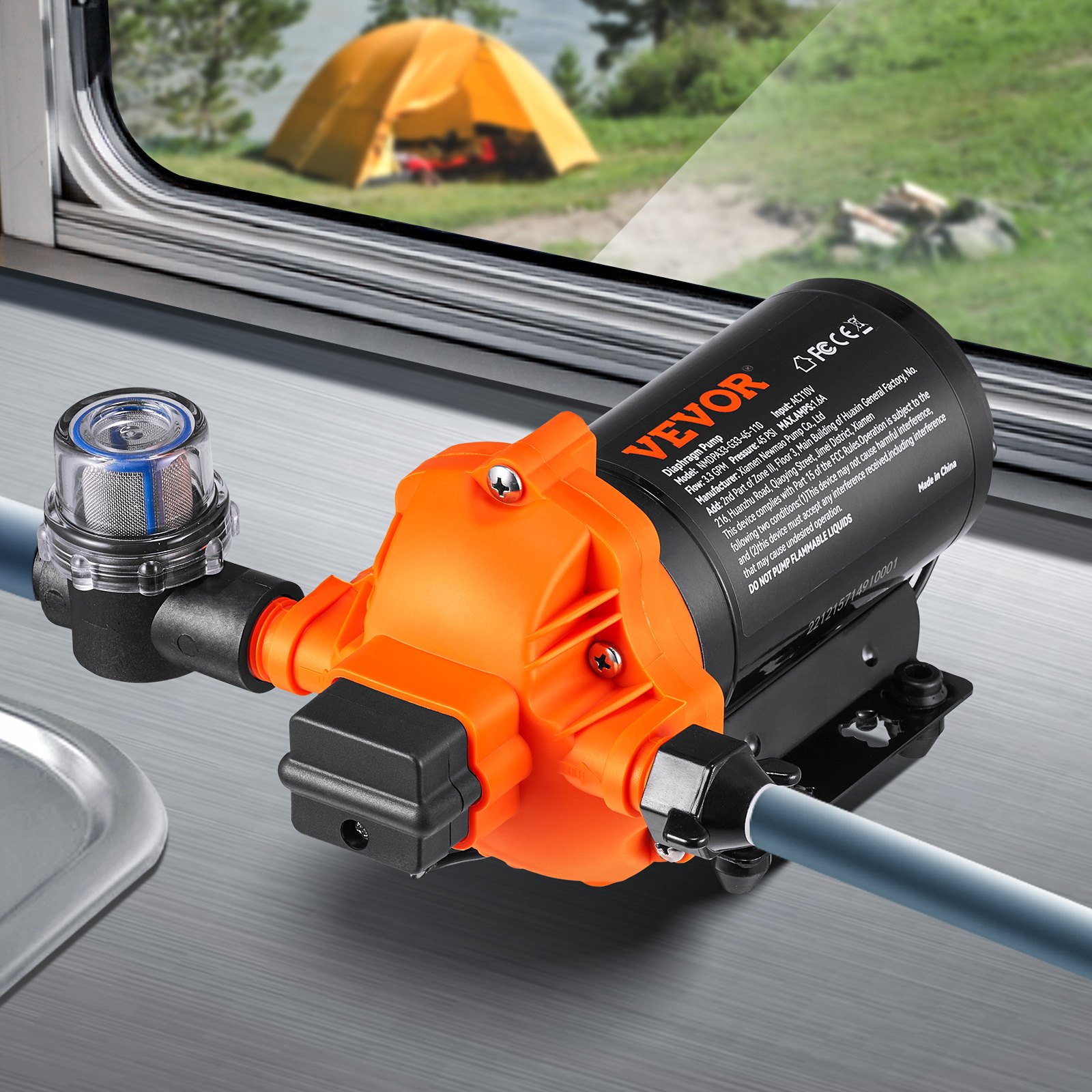 Bomba de diafragma de agua VEVOR, 110 V CA, flujo de 3,3 GPM, presión nominal de 45 PSI (40-80 PSI ajustable), bomba de pulverizador autocebante de 1/2" MNPT con interruptor de presión para RV Camper Marine Boat Lawn, certificado FCC