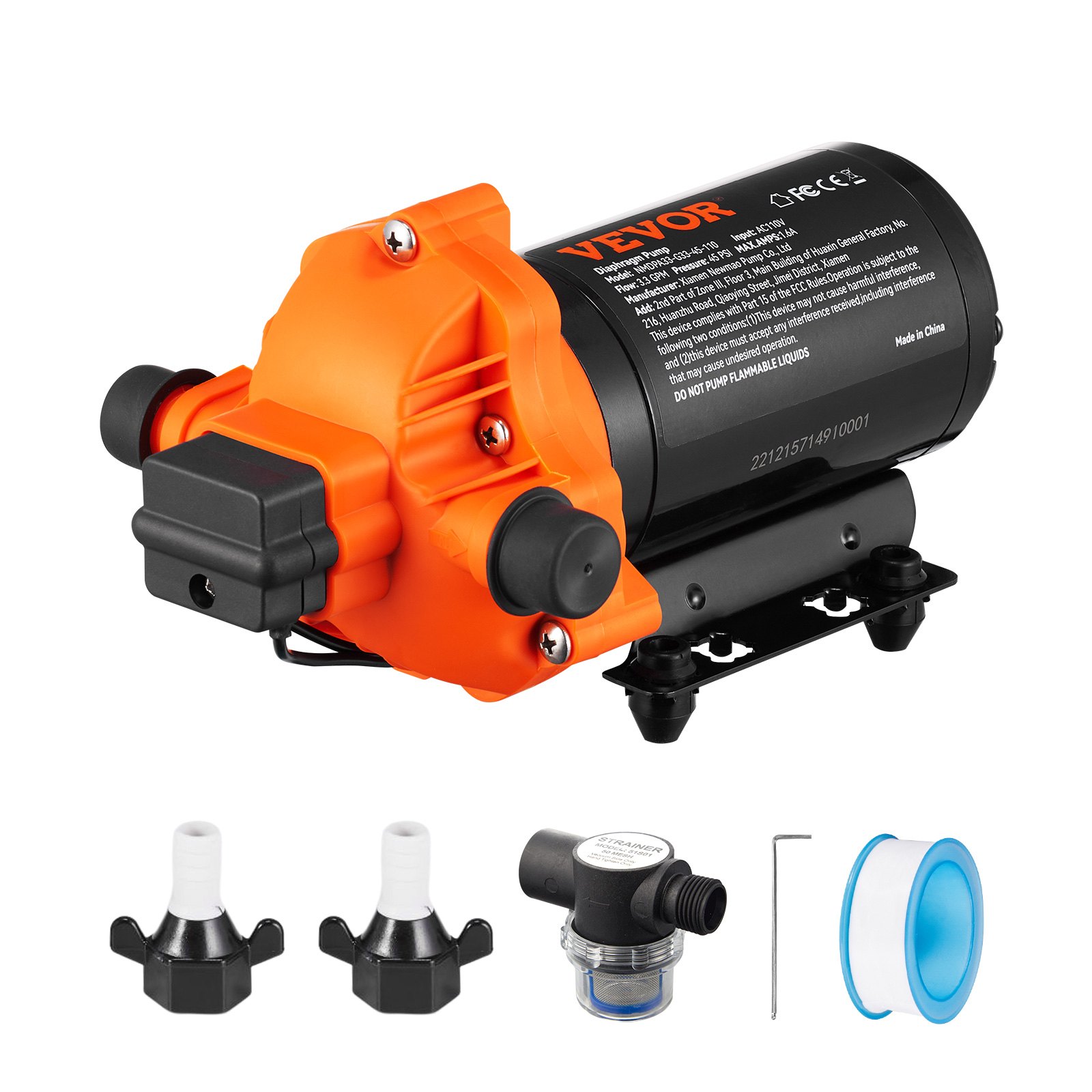 Bomba de diafragma de agua VEVOR, 110 V CA, flujo de 3,3 GPM, presión nominal de 45 PSI (40-80 PSI ajustable), bomba de pulverizador autocebante de 1/2" MNPT con interruptor de presión para RV Camper Marine Boat Lawn, certificado FCC