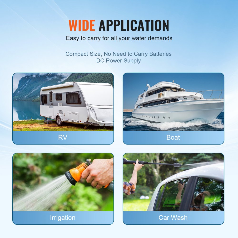 Bomba de diafragma de agua VEVOR para vehículos recreativos, embarcaciones, riego y lavado de automóviles; compacta, alimentada por CC, usos versátiles.