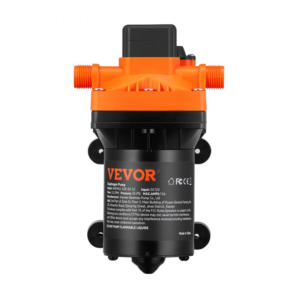 Bomba de diafragma de agua VEVOR naranja y negra con etiquetado y especificaciones técnicas en la parte frontal.