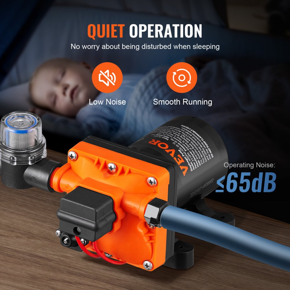 Bomba de diafragma de agua VEVOR, 12 V CC, caudal de 3,5 GPM, presión nominal de 55 PSI (ajustable de 40 a 80 PSI), pulverizadora autocebante de 1/2" MNPT con presostato para autocaravanas, caravanas, embarcaciones y jardines, con certificación FCC.