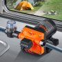 Bomba de diafragma de agua VEVOR instalada en un vehículo recreativo con escena de campamento al aire libre a través de una ventana al fondo.