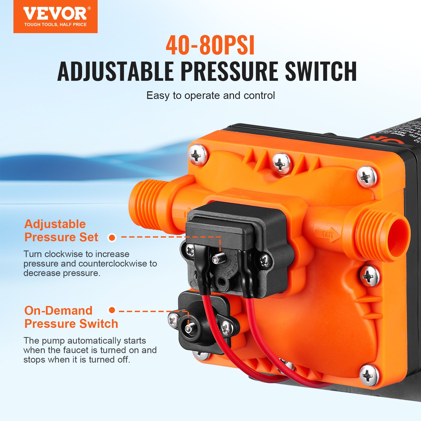 Bomba de diafragma de agua VEVOR con interruptor de presión ajustable de 40 a 80 psi y función de control a pedido fácil.