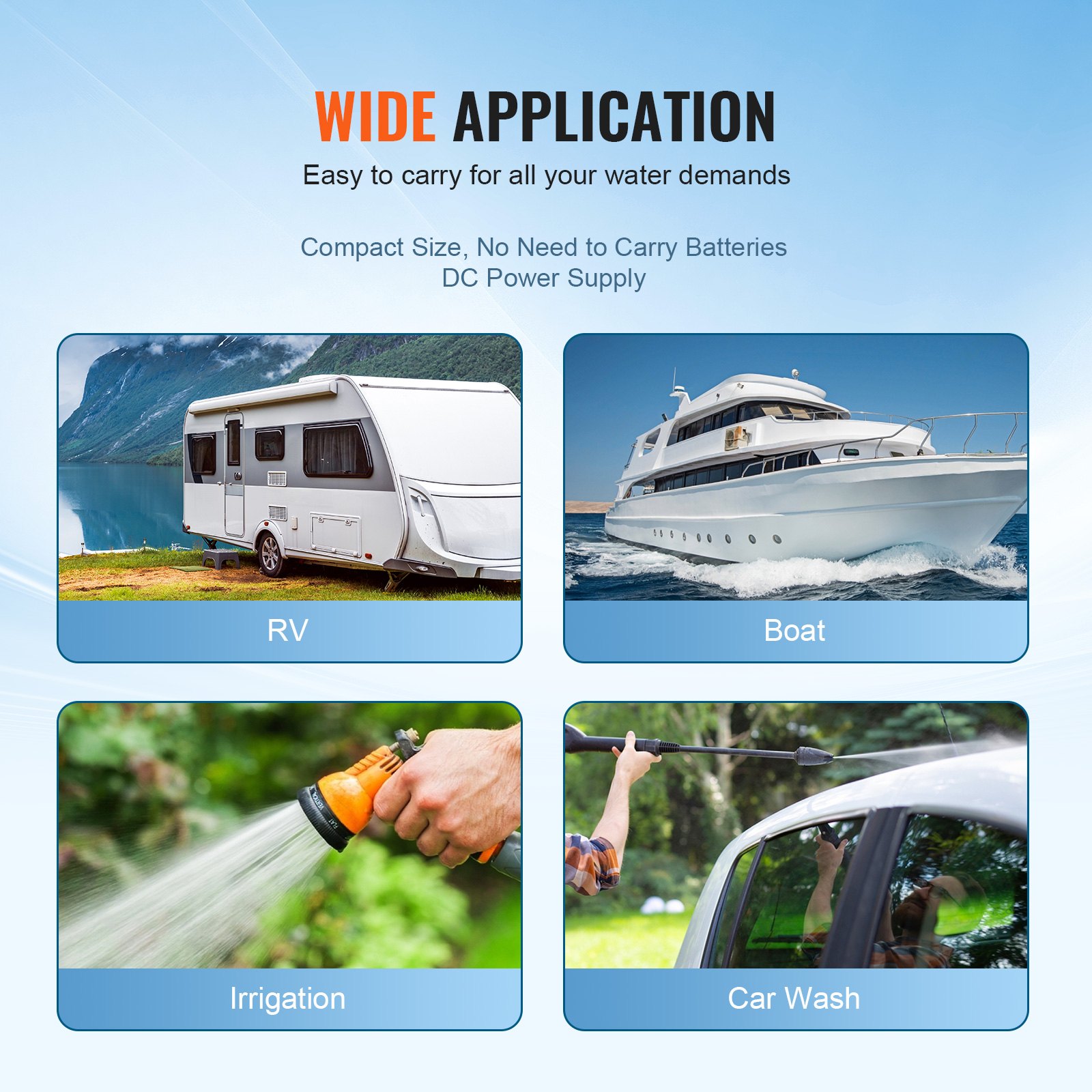 Bomba de diafragma de agua VEVOR para vehículos recreativos, embarcaciones, riego y lavado de automóviles; compacta, alimentada por CC, usos versátiles.