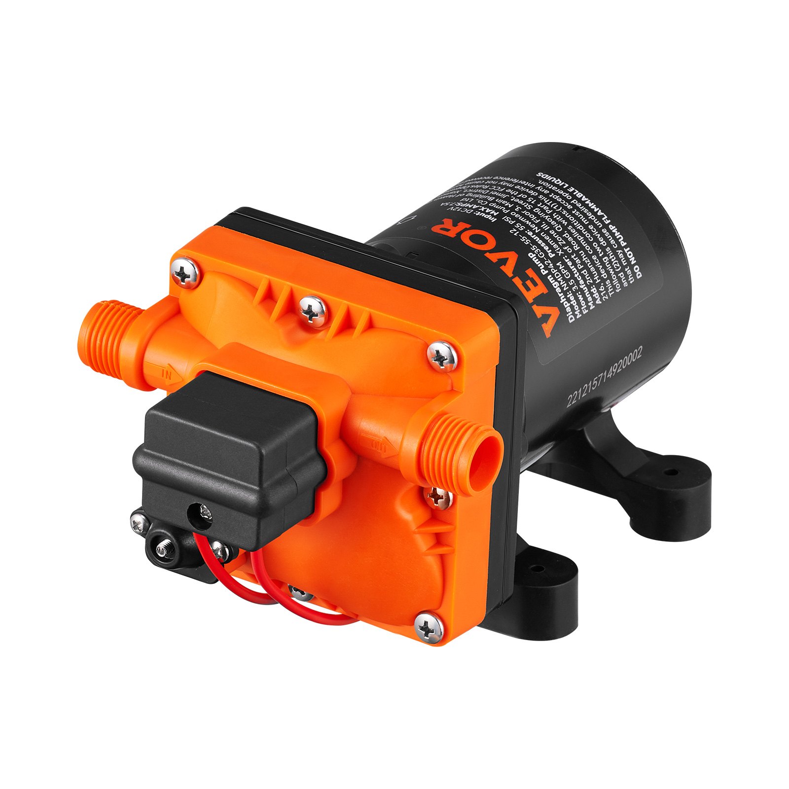 Bomba de diafragma de agua VEVOR con panel frontal naranja, carcasa negra y cables rojos para conexiones.