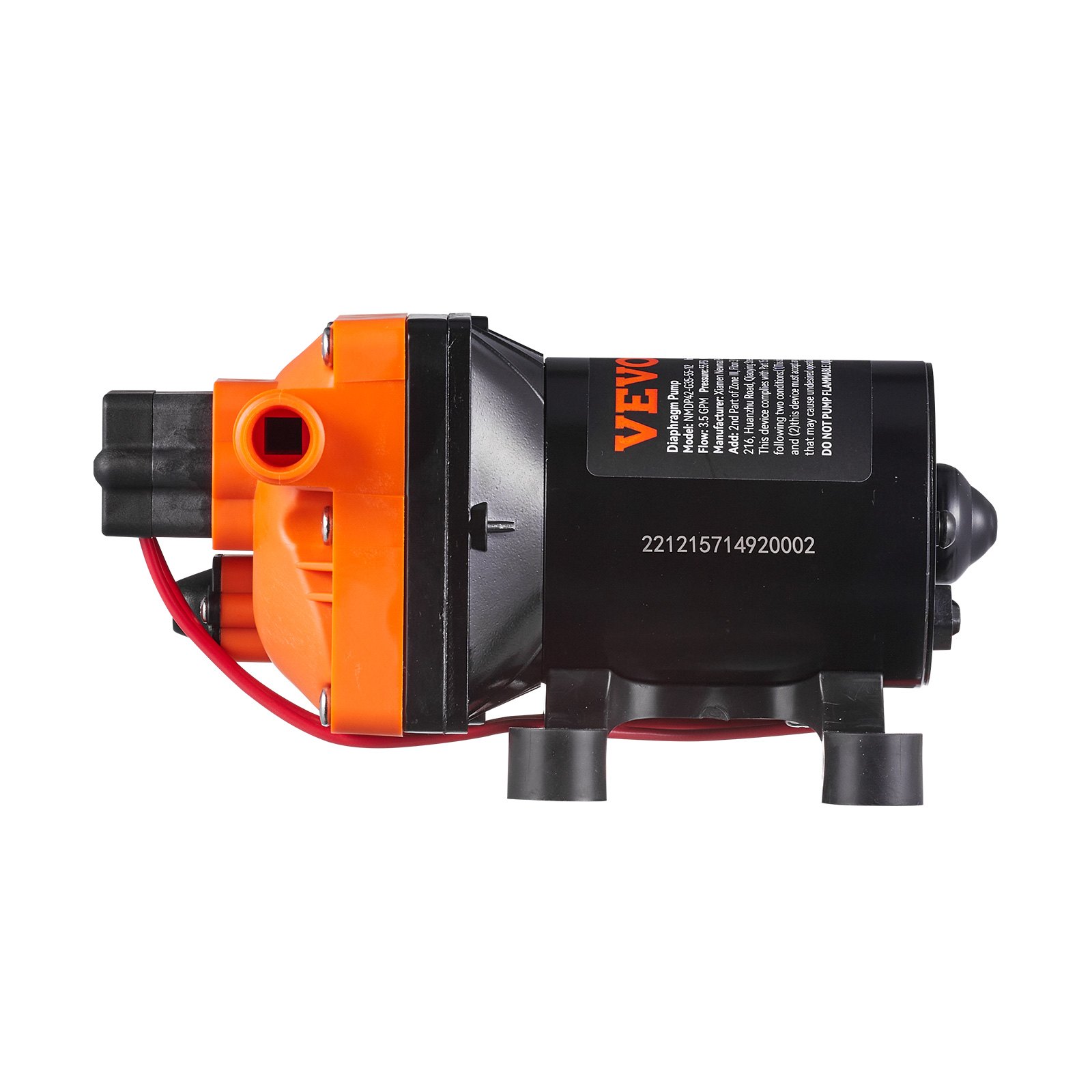 Bomba de diafragma de agua VEVOR con diseño naranja y negro, cableado rojo y etiquetado de producto visible.