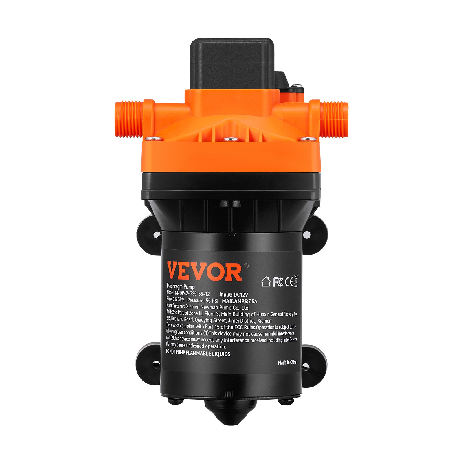 Bomba de diafragma de agua VEVOR naranja y negra con etiquetado y especificaciones técnicas en la parte frontal.