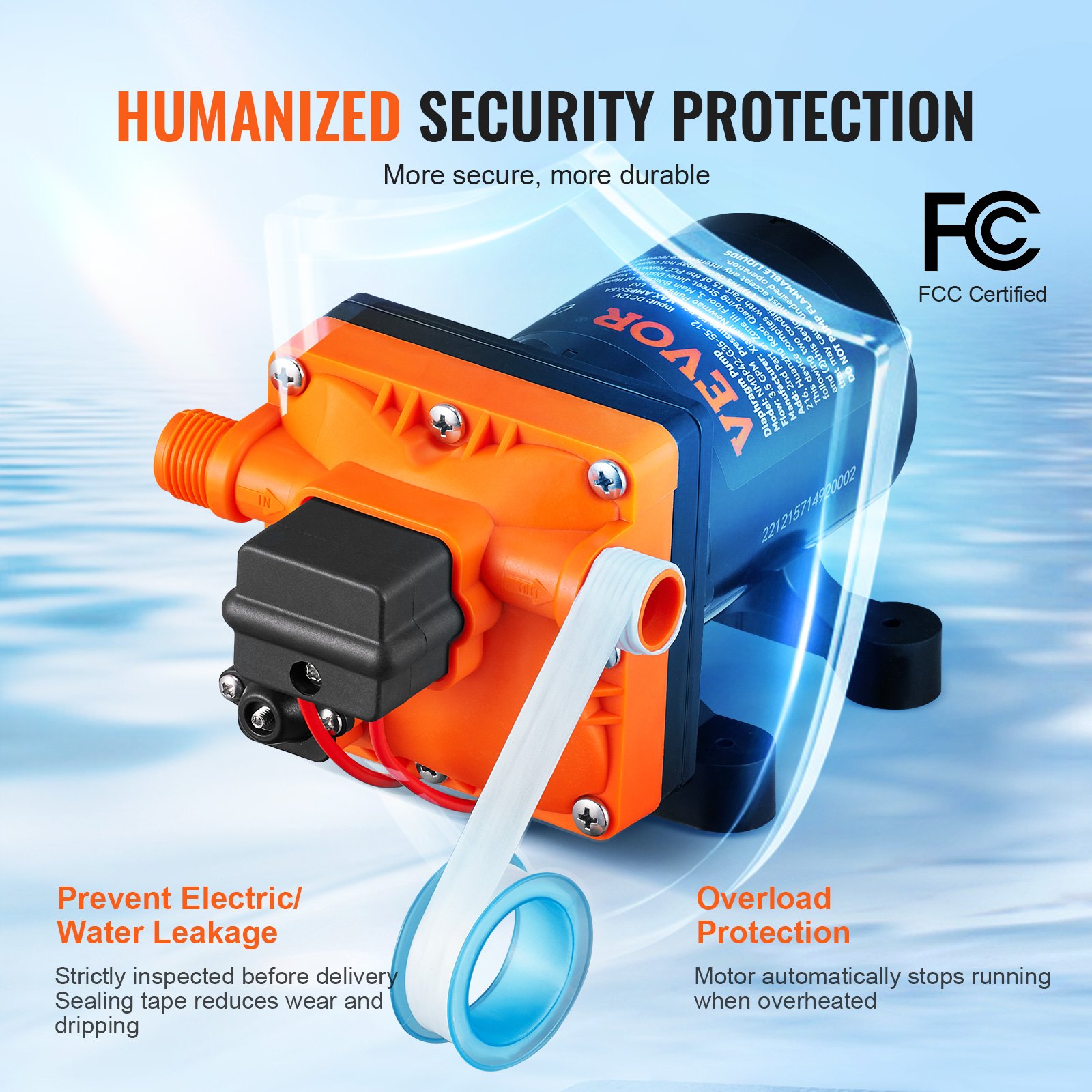 Bomba de diafragma de agua VEVOR, 12 V CC, caudal de 3,5 GPM, presión nominal de 55 PSI (ajustable de 40 a 80 PSI), pulverizadora autocebante de 1/2" MNPT con presostato para autocaravanas, caravanas, embarcaciones y jardines, con certificación FCC.