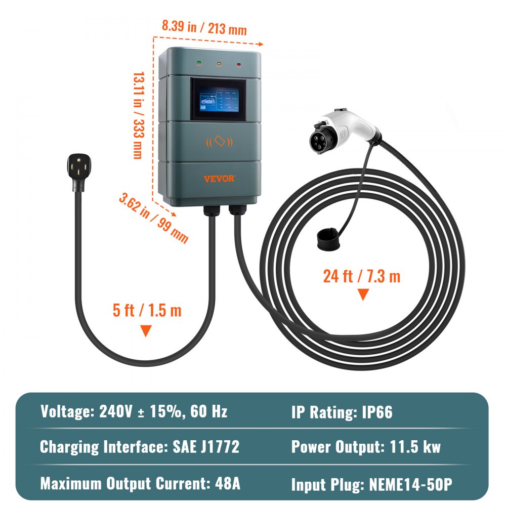 VEVOR Estación de carga de vehículos eléctricos de nivel 2, 0-48 A ajustable, 11,5 kW 240 V NEMA14-50 Cargador inteligente EV con WiFi, cable de carga TPE de 24 pies para uso en interiores/exteriores, ETL y certificado Energy Star