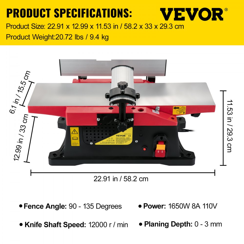 Regruesadora de sobremesa para carpintería VEVOR con dimensiones y especificaciones del producto.