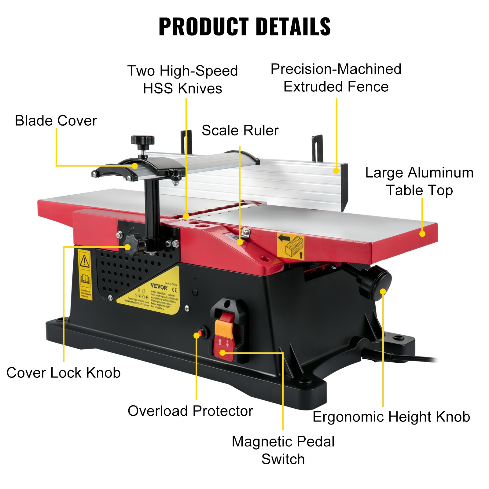 Regruesadora de banco para carpintería VEVOR con tablero de aluminio, cuchillas HSS y perilla ergonómica.
