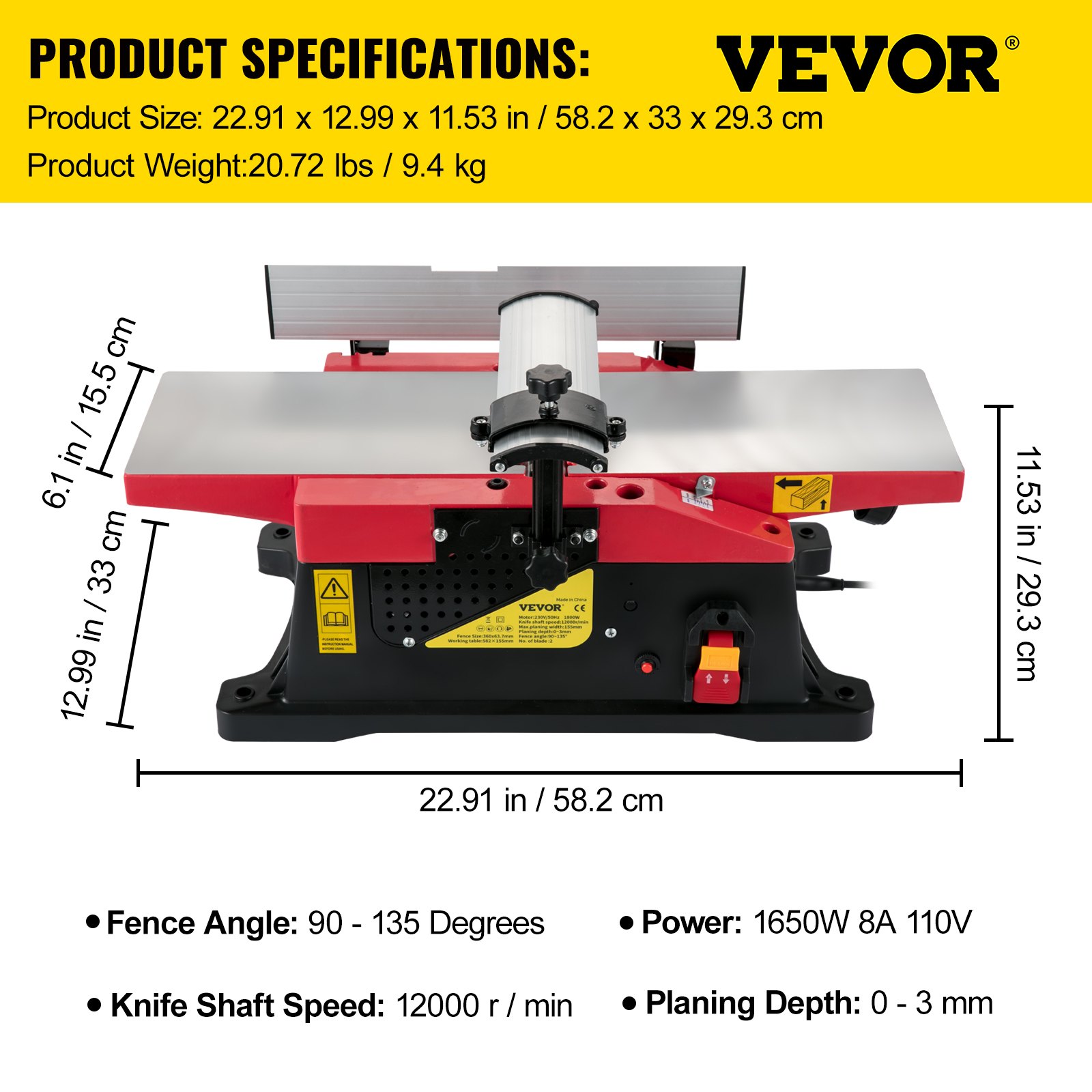 Regruesadora de sobremesa para carpintería VEVOR con dimensiones y especificaciones del producto.