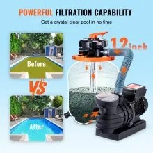 Bomba de filtro de arena VEVOR para piscinas sobre el suelo, 12 pulgadas, 3000 GPH, sistema de bombas de piscina de 1/2 HP y juego combinado de filtros con válvula multipuerto de 6 vías y cesta de colador, para piscinas domésticas y comerciales