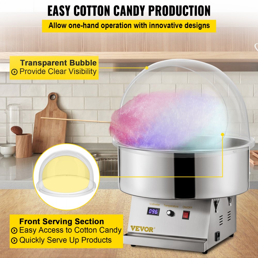 Cubierta de máquina de dulces VEVOR que muestra algodón de azúcar debajo de una burbuja protectora transparente.