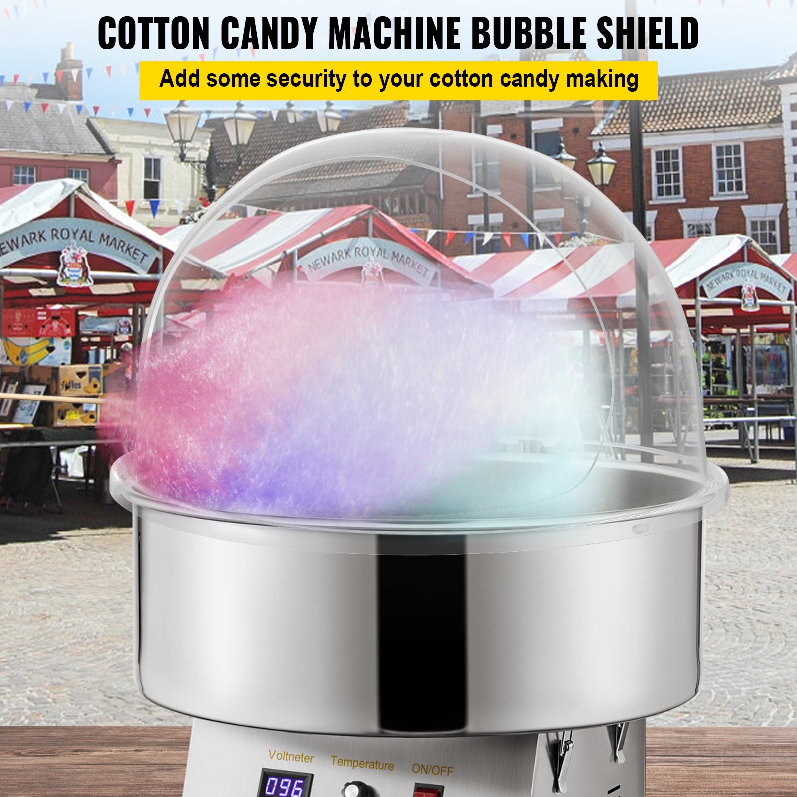 Cubierta de la máquina de dulces VEVOR en uso en un mercado al aire libre con algodón de azúcar colorido.